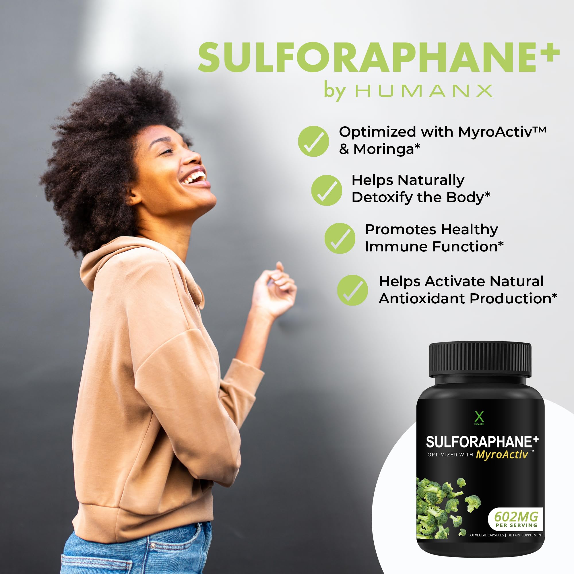 HUMANX Sulforaphane+ broccoli seed extract visual emphasizing natural antioxidant power