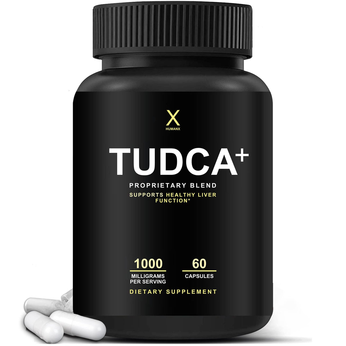 HUMANX Tudca+ 1000mg bottle promotes liver support and easy dosing.