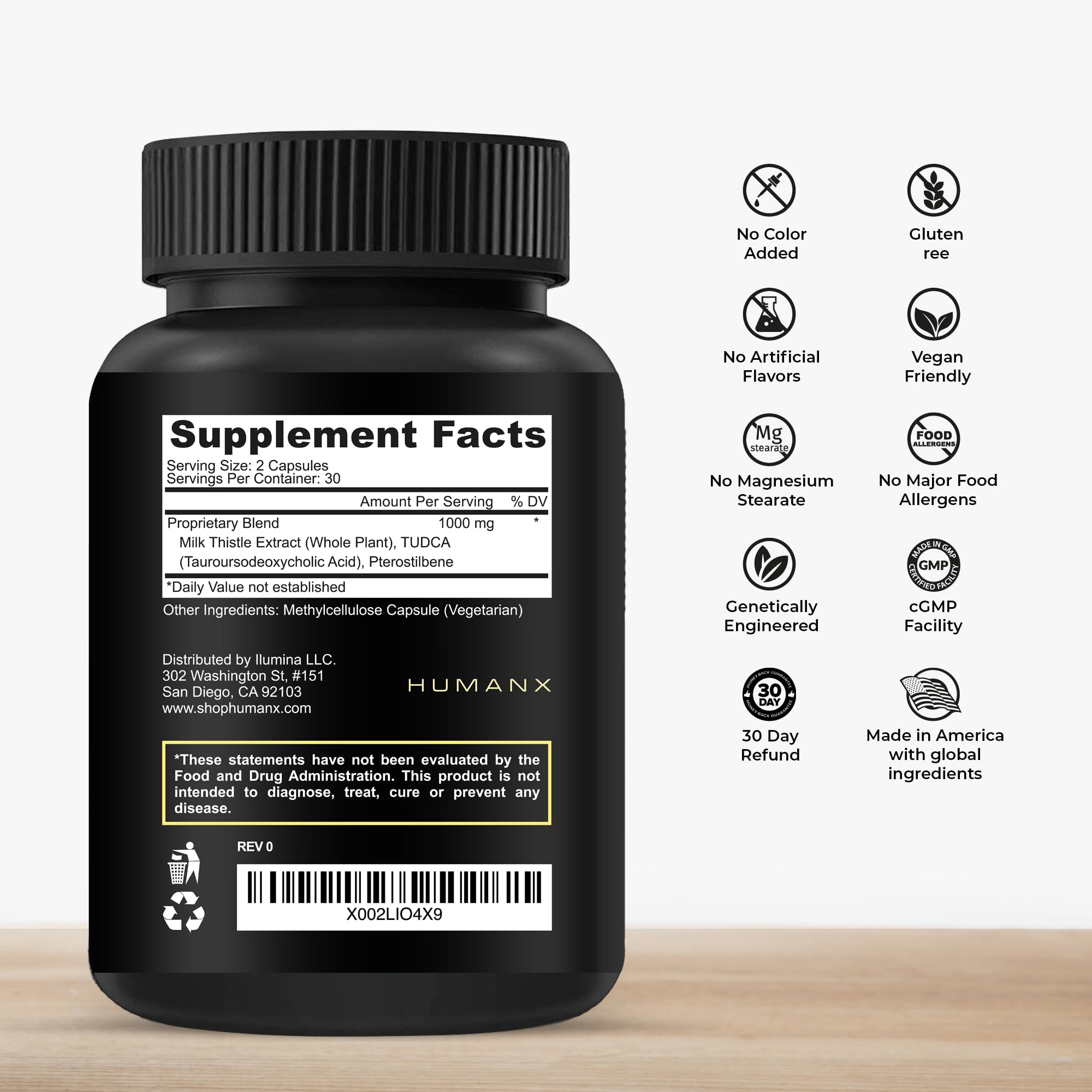 HUMANX Tudca+ capsules close-up showing easy-to-swallow form.
