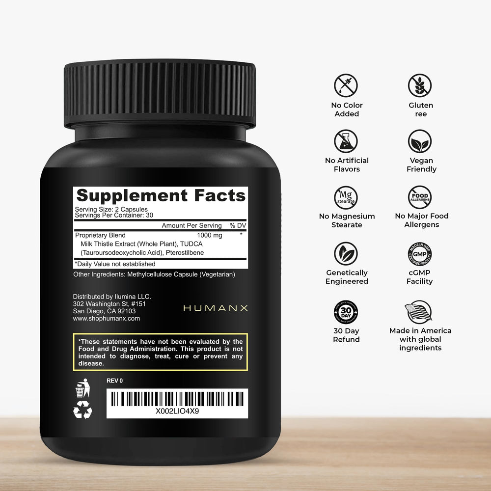 HUMANX Tudca+ capsules close-up showing easy-to-swallow form.