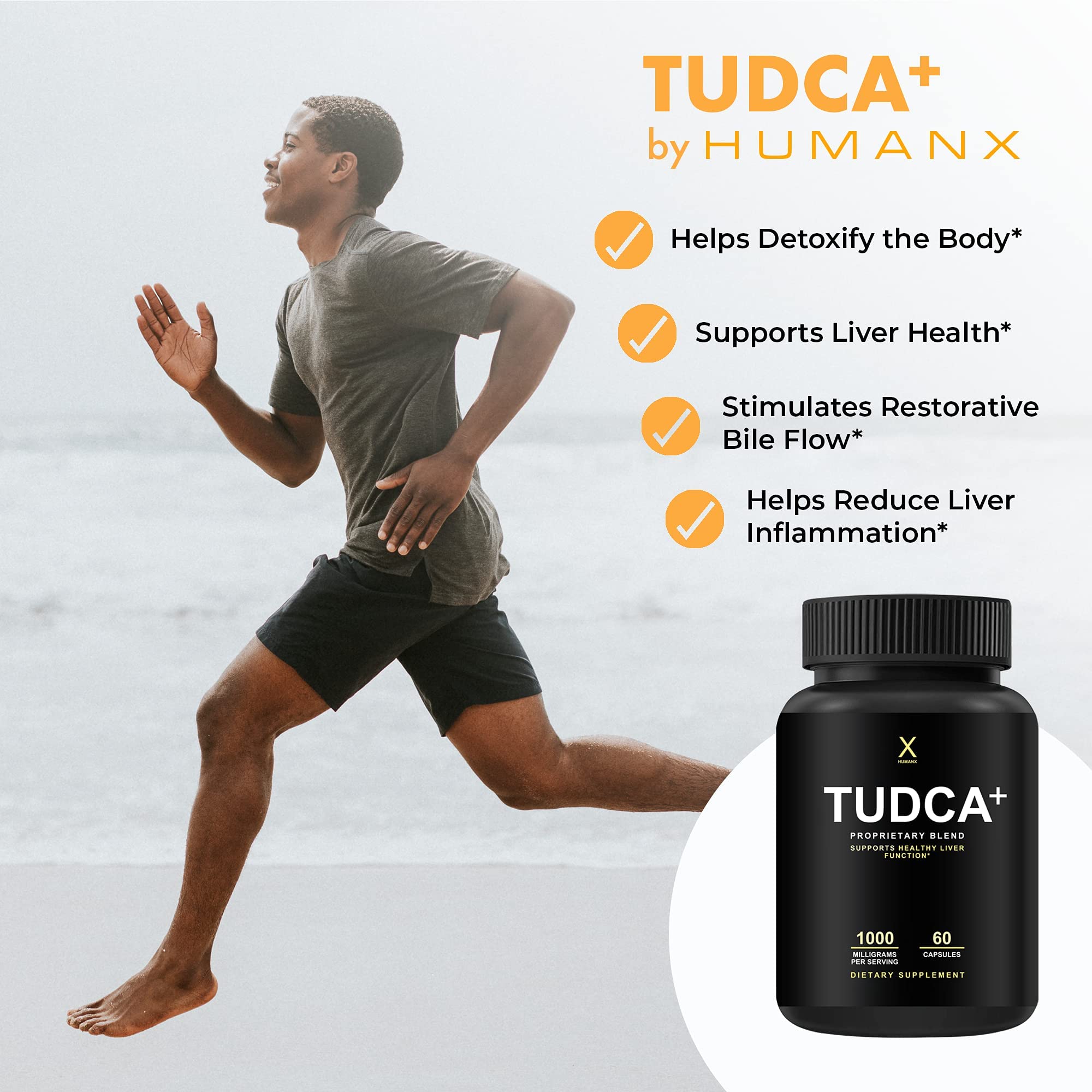 HUMANX Tudca+ bottle with milk-thistle imagery signaling liver support benefits.