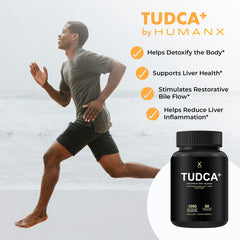 HUMANX Tudca+ bottle with milk-thistle imagery signaling liver support benefits.