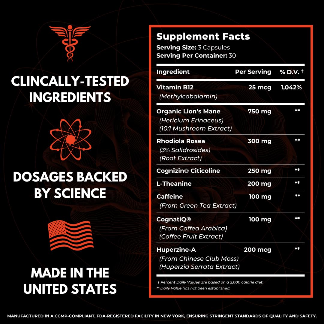 Humbleroots FOCUS bottle with ingredient icons illustrating natural cognitive support.