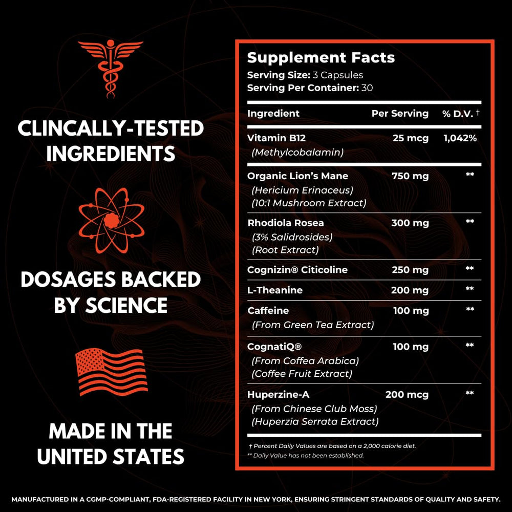 Humbleroots FOCUS bottle with ingredient icons illustrating natural cognitive support.