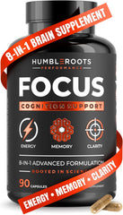 Humbleroots FOCUS bottle label close-up signaling cognitive support.