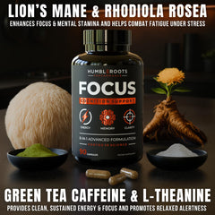 Humbleroots FOCUS capsules close-up showing easy daily memory and focus support.