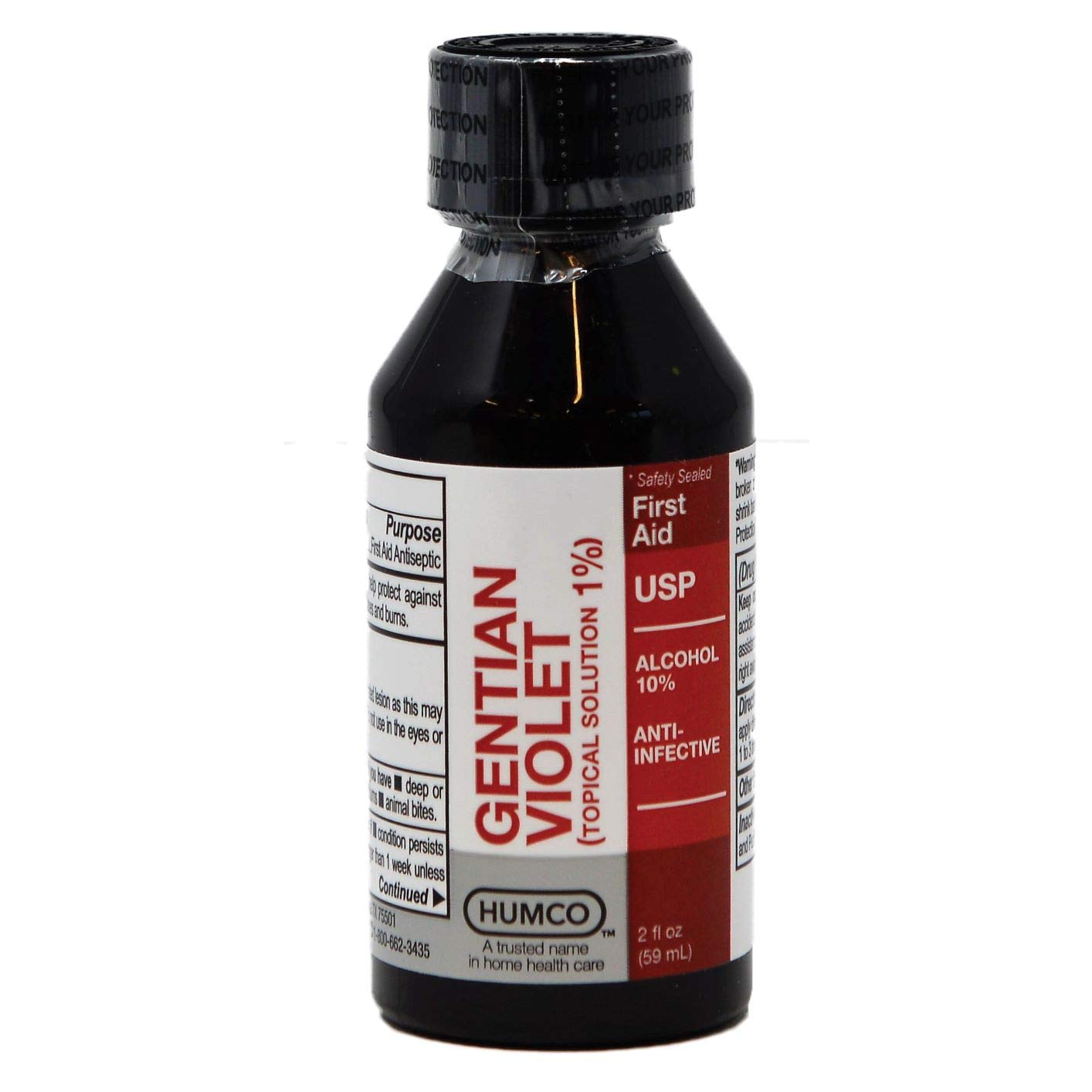 Humco Gentian Violet bottle pour showing 1% antiseptic solution for minor skin care