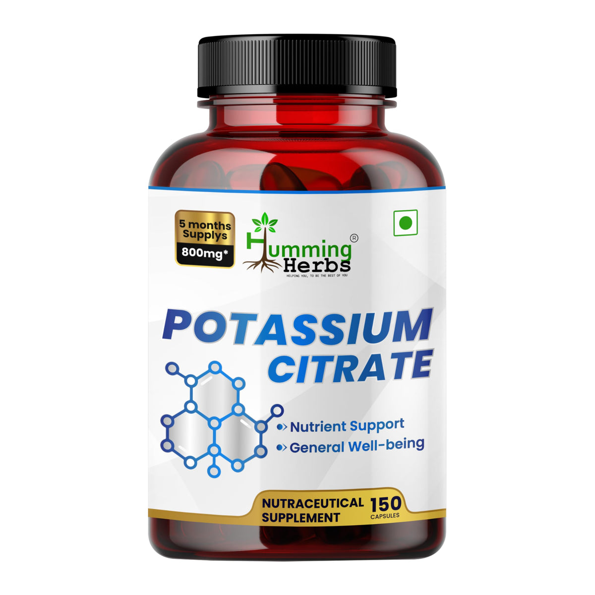 Humming Herbs Potassium Citrate 800 mg bottle with clear dosing for electrolyte support.