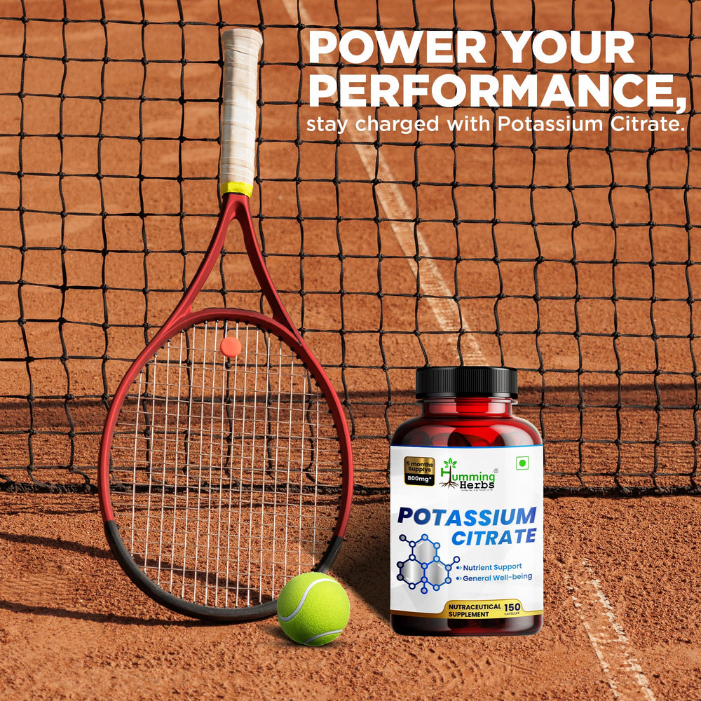 Humming Herbs potassium citrate bottle on shelf conveys trusted daily supplementation.