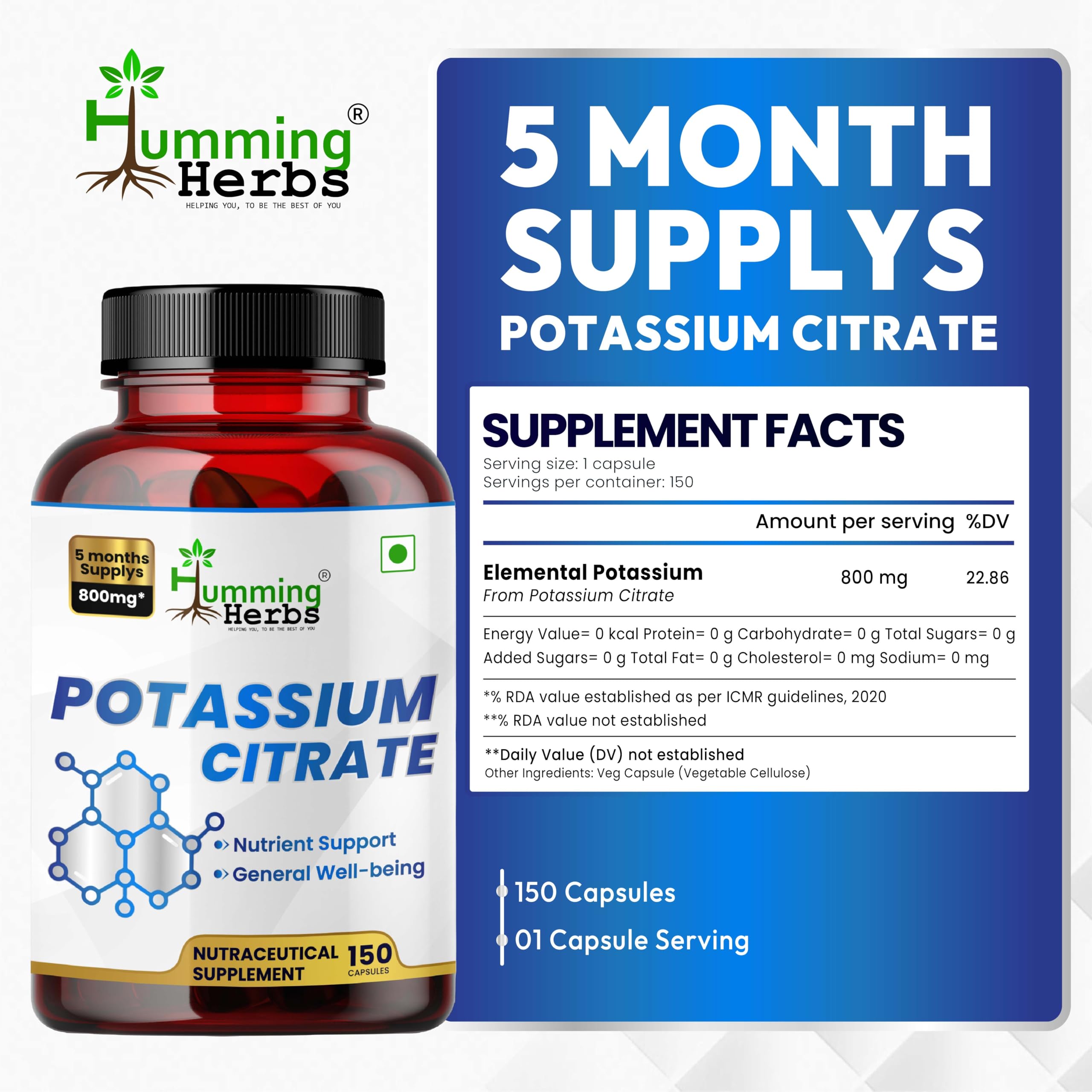 Humming Herbs potassium citrate capsules closeup highlighting vegan, non-GMO formula.