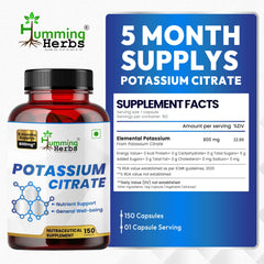 Humming Herbs potassium citrate capsules closeup highlighting vegan, non-GMO formula.
