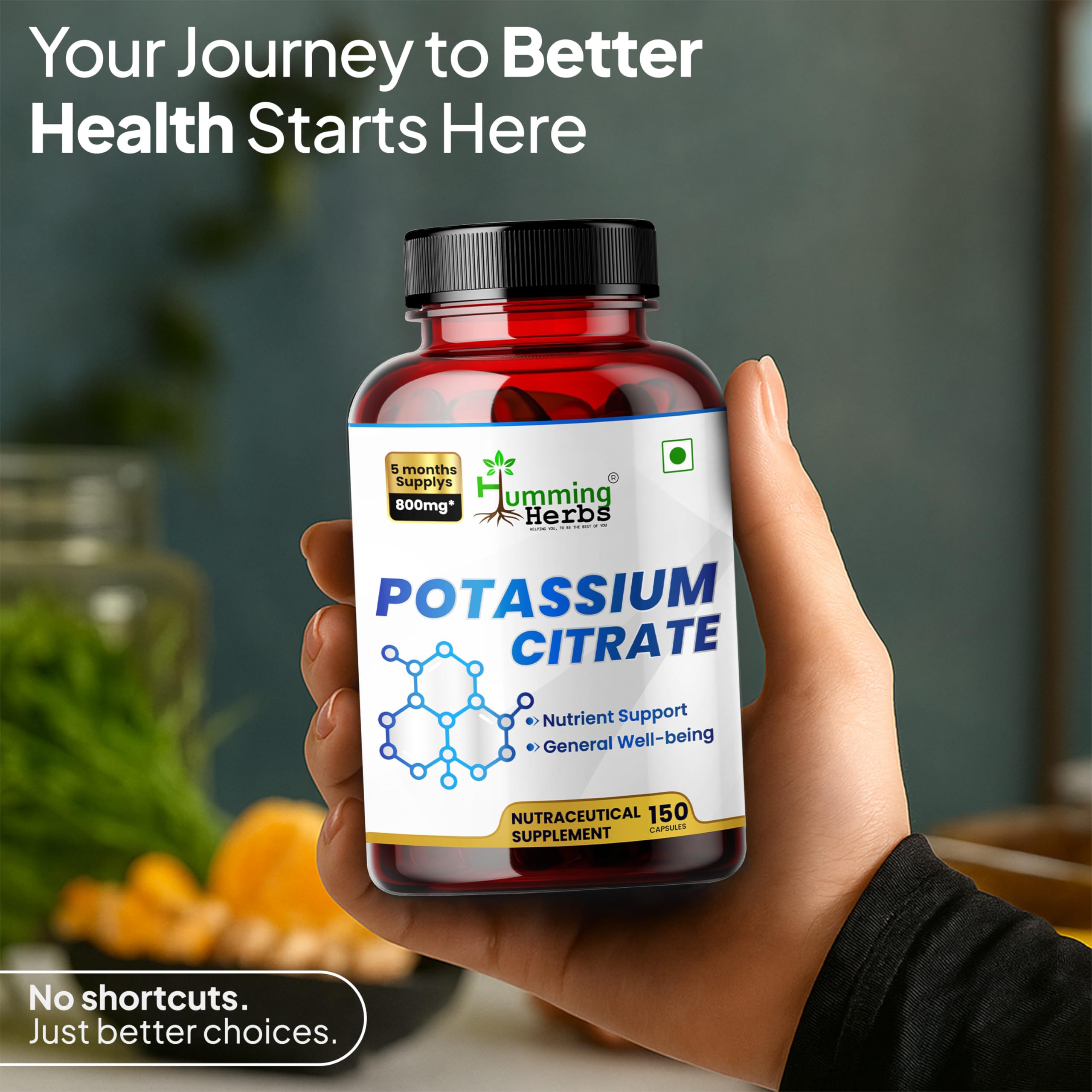 Humming Herbs potassium citrate inner label reveals dosage details.