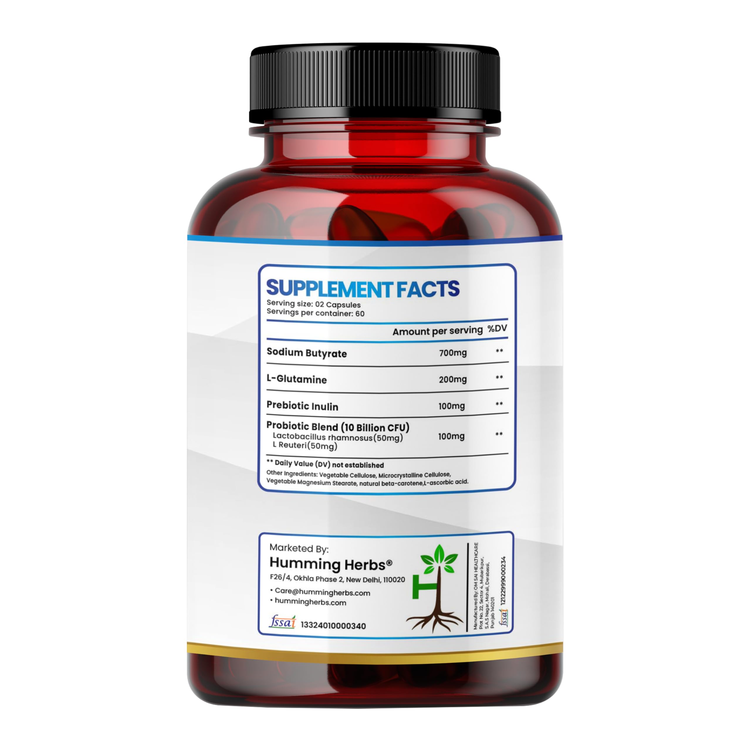Humming Herbs Sodium Butyrate+ capsules label highlights ingredients and serving size