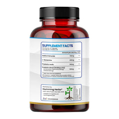 Humming Herbs Sodium Butyrate+ capsules label highlights ingredients and serving size