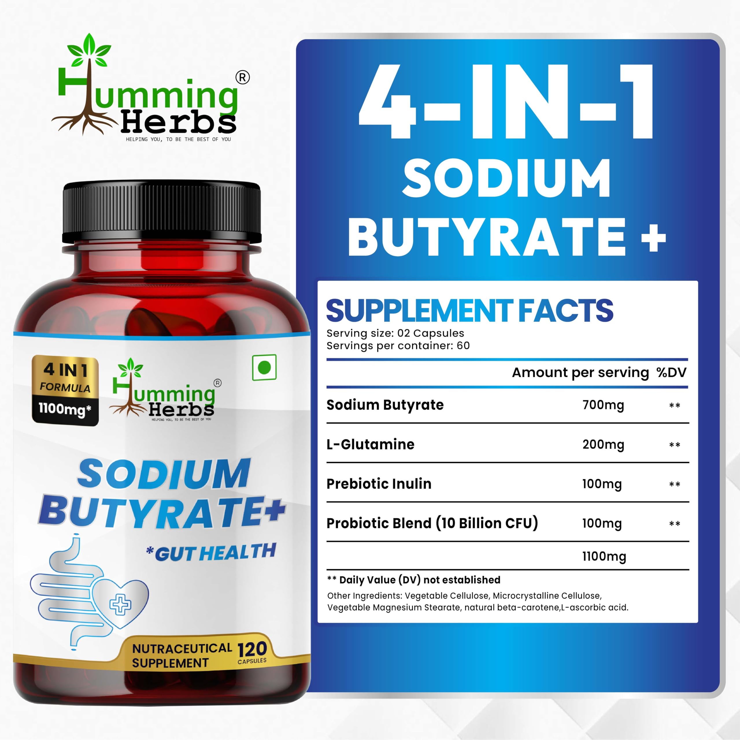 Humming Herbs Sodium Butyrate+ capsules being poured for daily intake