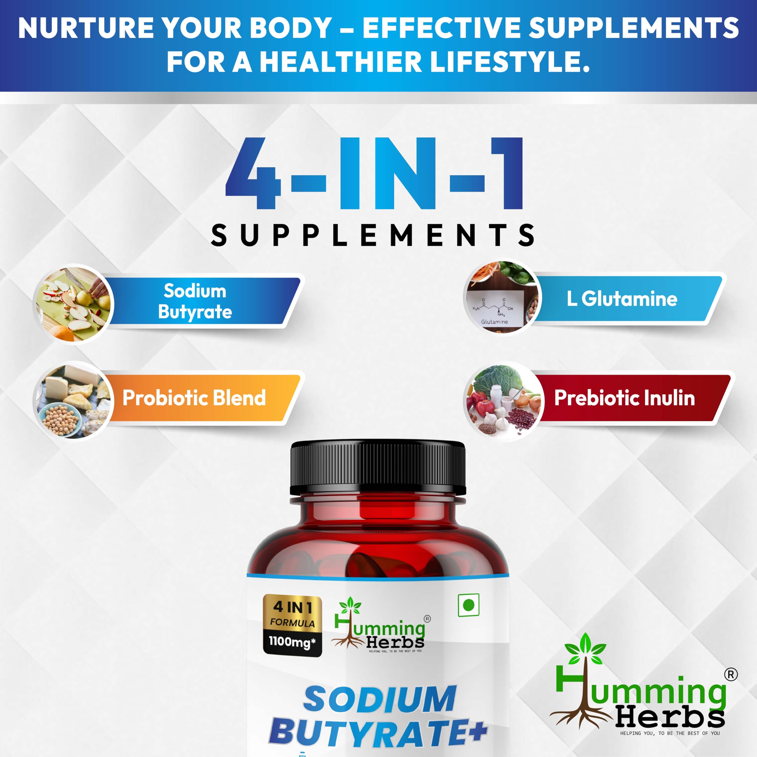 Humming Herbs Sodium Butyrate+ capsules side view in a compact bottle