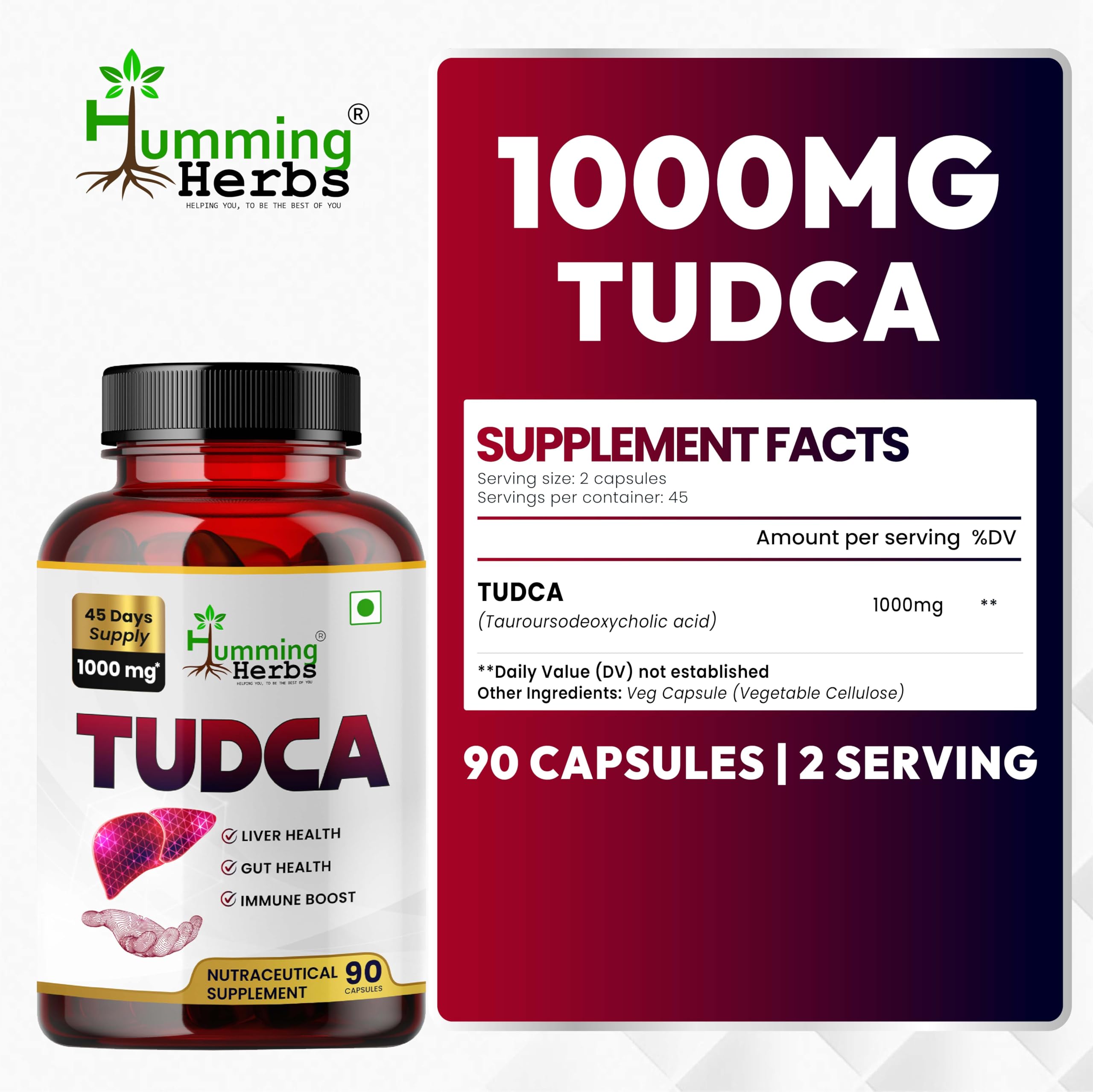 Humming Herbs TUDCA vegan capsules ready for daily use.
