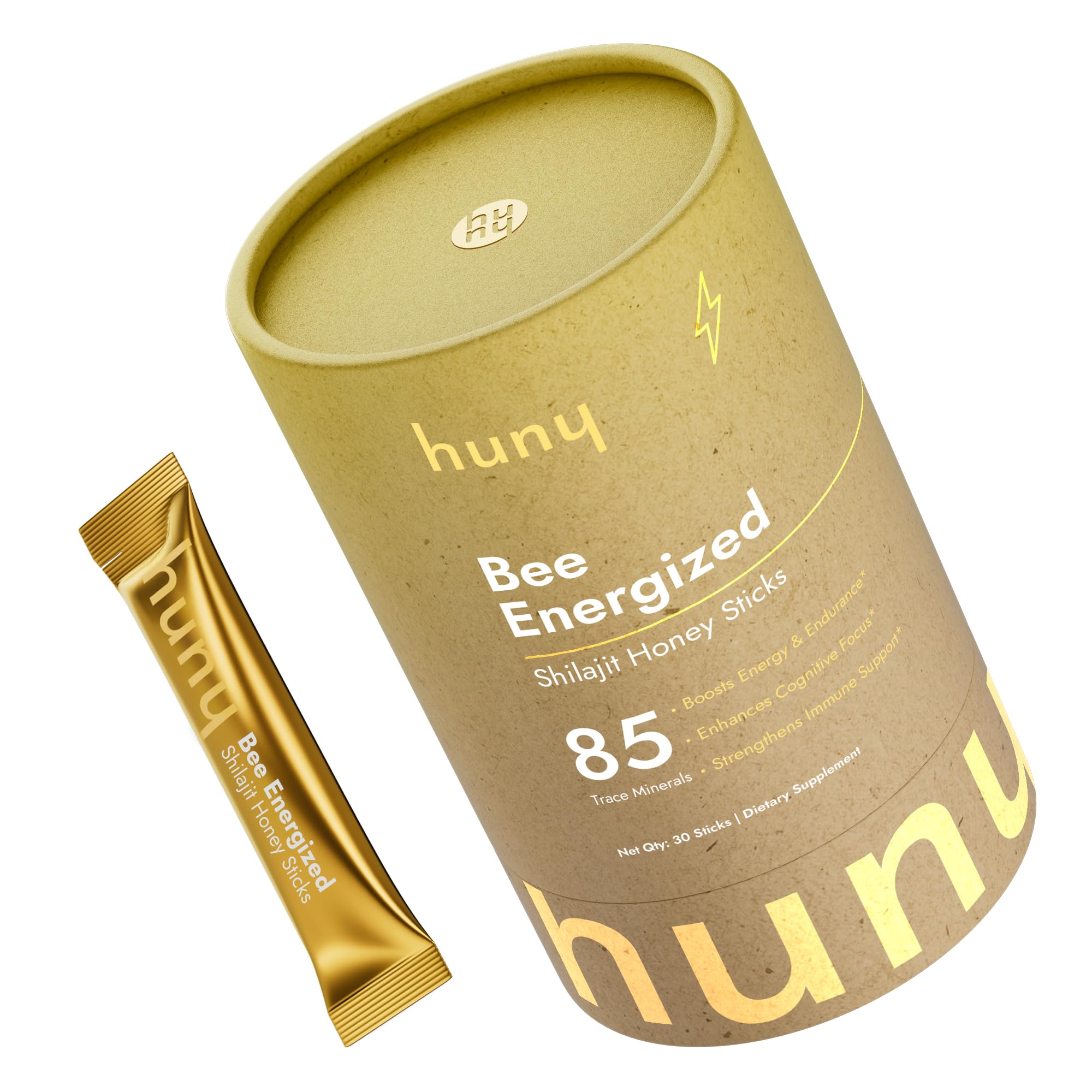 HUNY Bee Energized Shilajit Honey Stick packaging shows convenient on-the-go energy support