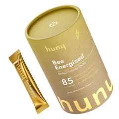 HUNY Bee Energized Shilajit Honey Stick packaging shows convenient on-the-go energy support