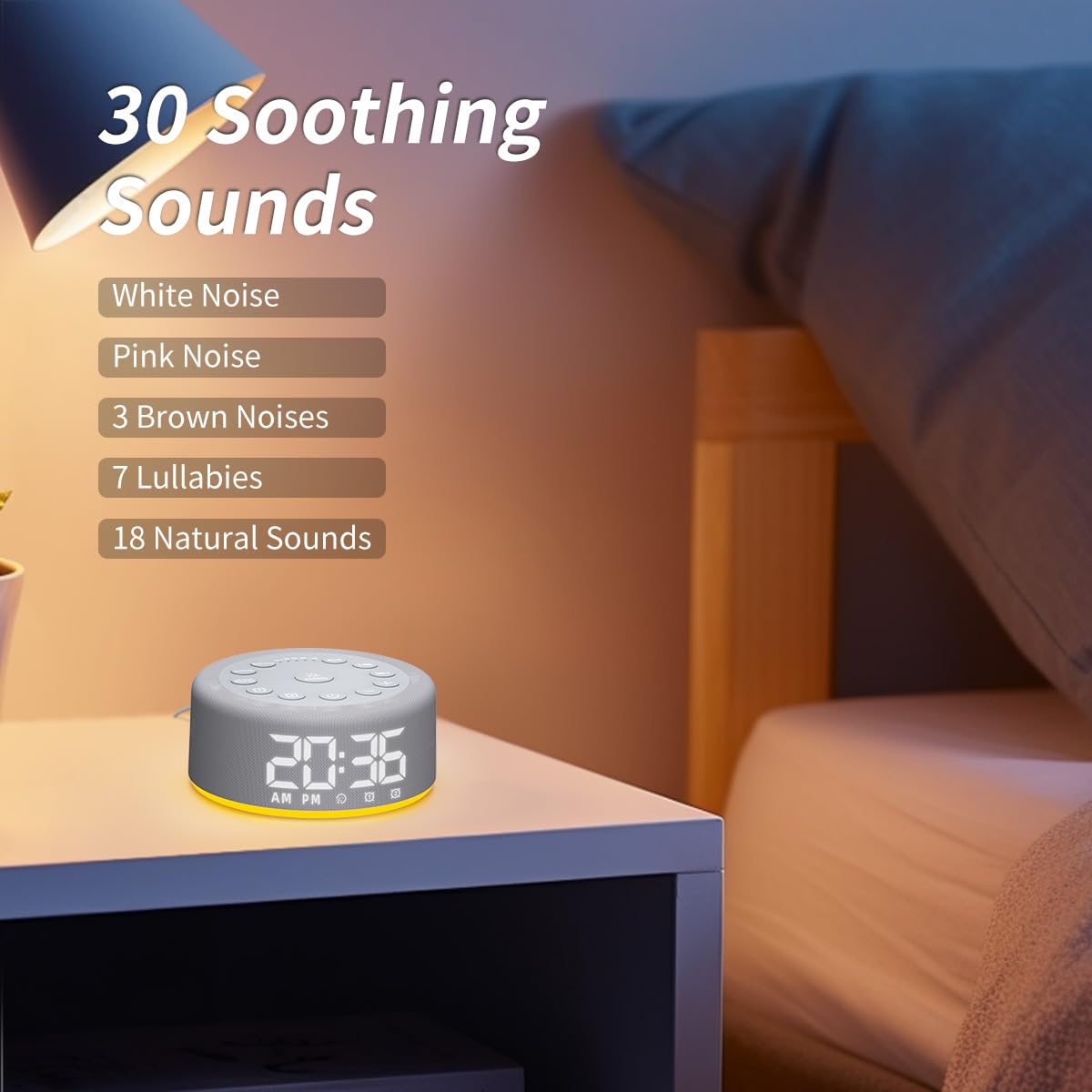 Hushing 12 color night light options illuminate a calm bedroom.