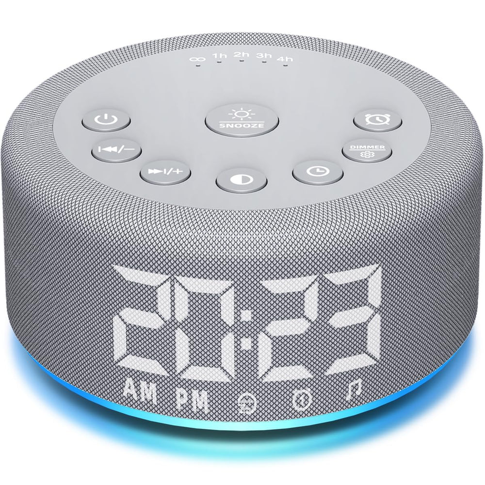 Hushing 3-in-1 sound machine and alarm clock with bedtime setup for calm sleep.