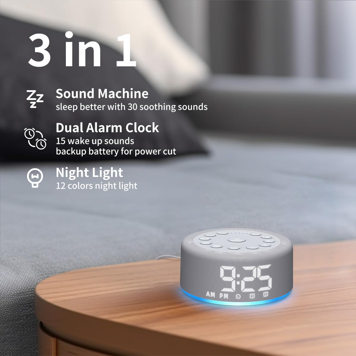 Close up of Hushing alarm clock display with dual alarms and memory function.