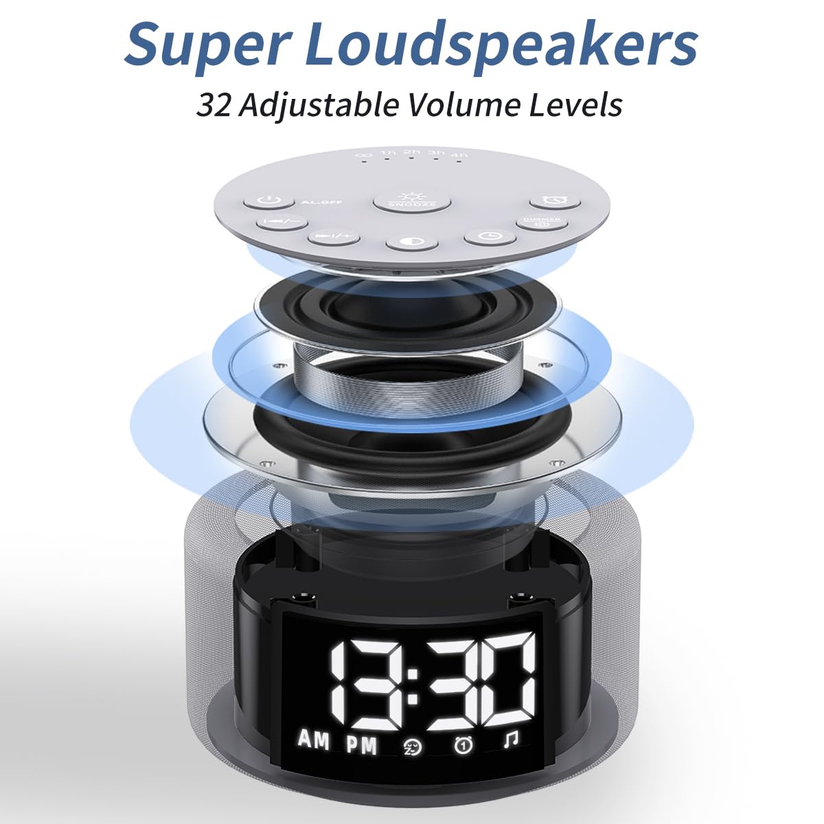 Hushing digital clock display with adjustable brightness and date/time readout.
