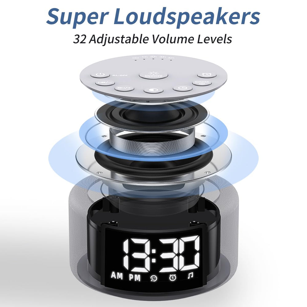 Hushing digital clock display with adjustable brightness and date/time readout.