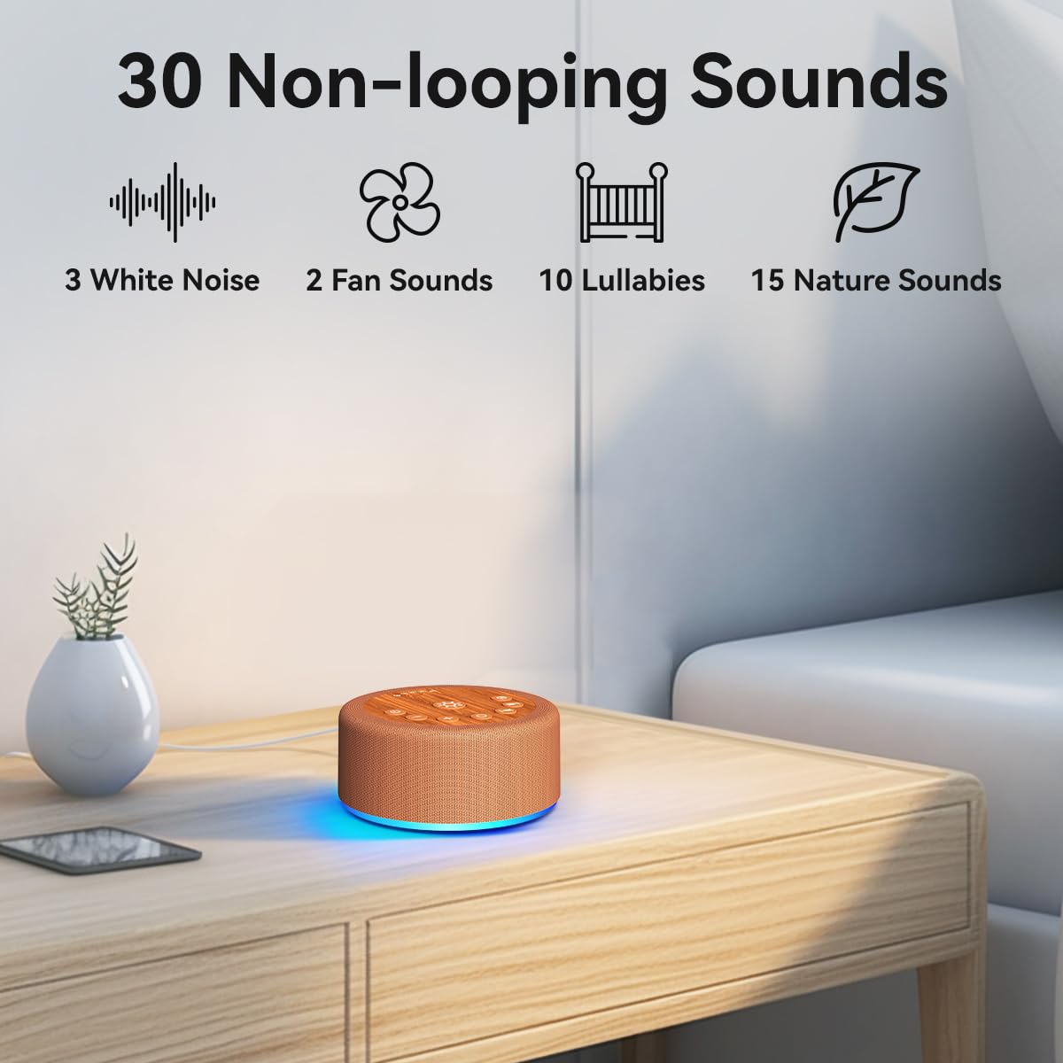Hushing Sleep Sound Machine sound options menu highlights diverse choices for sleep and focus.