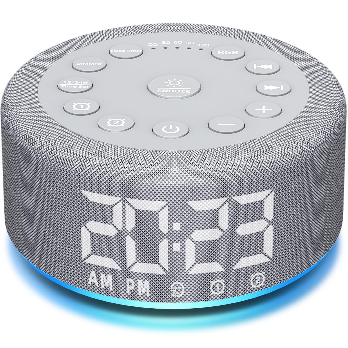 Hushing sound machine on a nightstand with a warm night light for bedtime.