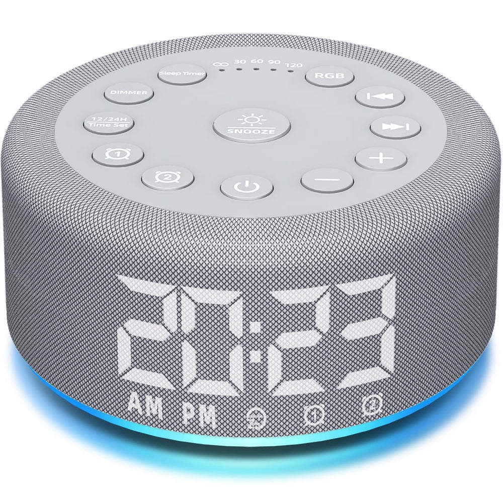 Hushing sound machine on a nightstand with a warm night light for bedtime.