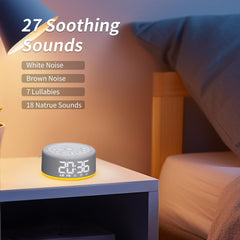 Hushing white and brown noise options displayed for versatile sleep.