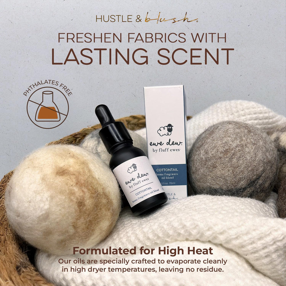 Hustle & Blush laundry fragrance oil for wool dryer balls adds gentle fragrance.