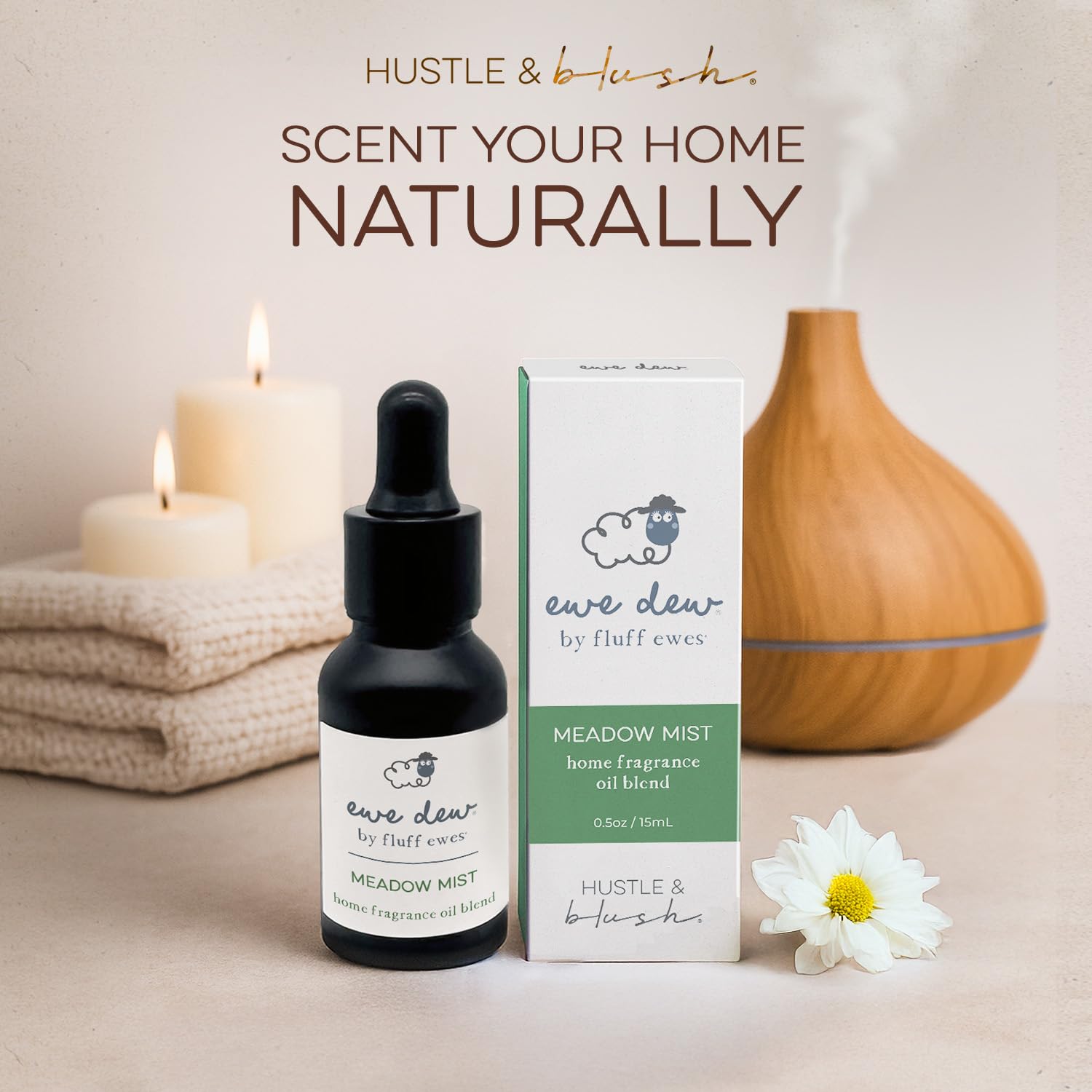 Hustle & Blush Meadow Mist diffuser setup releasing calming notes.