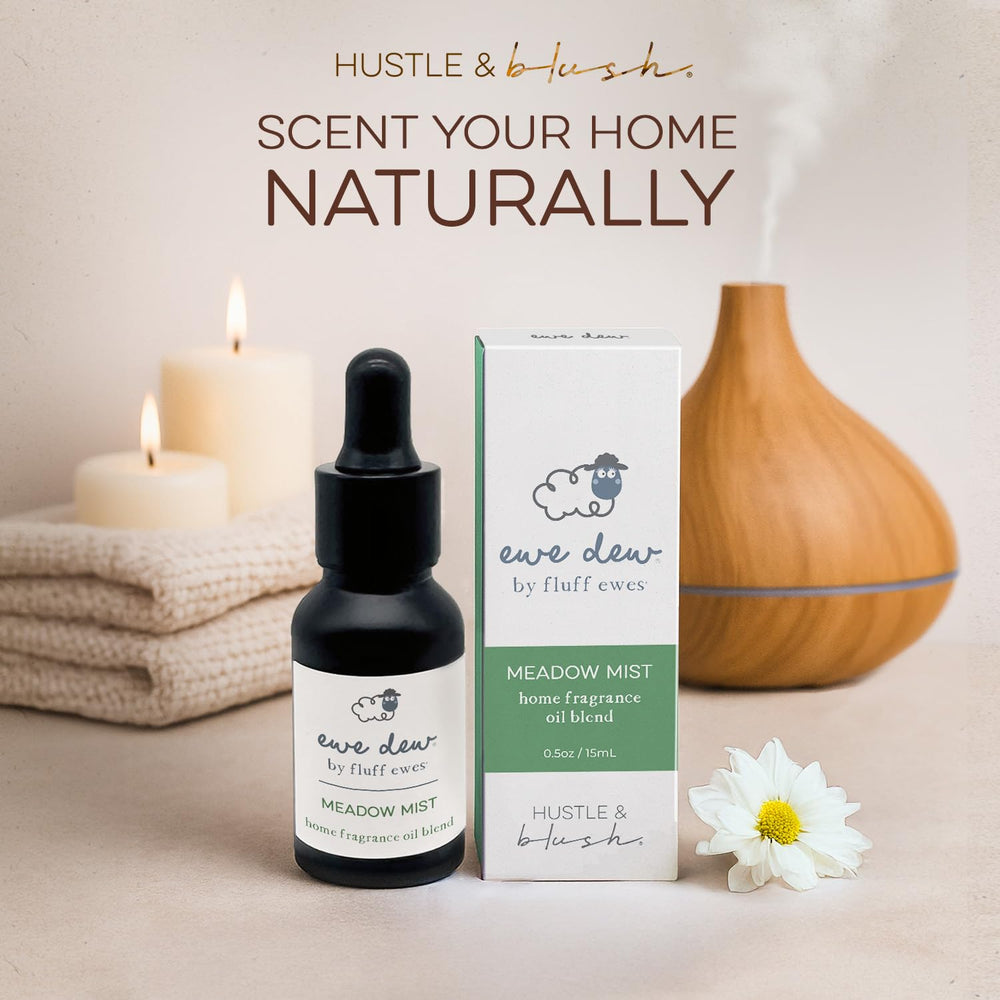Hustle & Blush Meadow Mist diffuser setup releasing calming notes.
