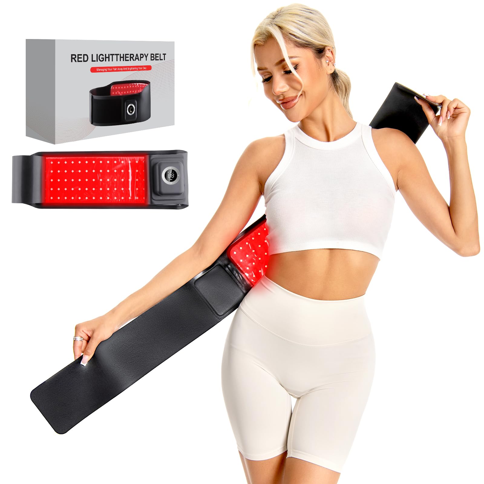 Huwoony wireless red light therapy belt front view showing portable warmth and targeted muscle care.
