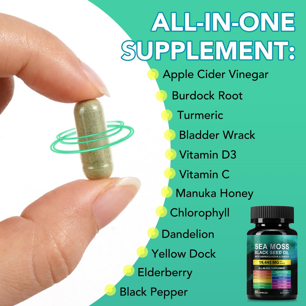 HUYEHF Ingredient label closeup communicates multimineral sea moss synergy.