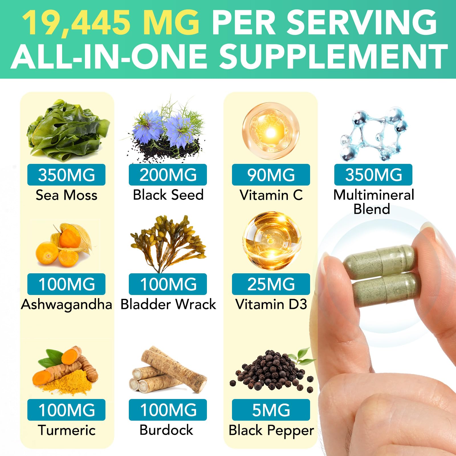 HUYEHF Sea Moss Black Seed Oil Capsule closeup highlights potent blend for vitality.