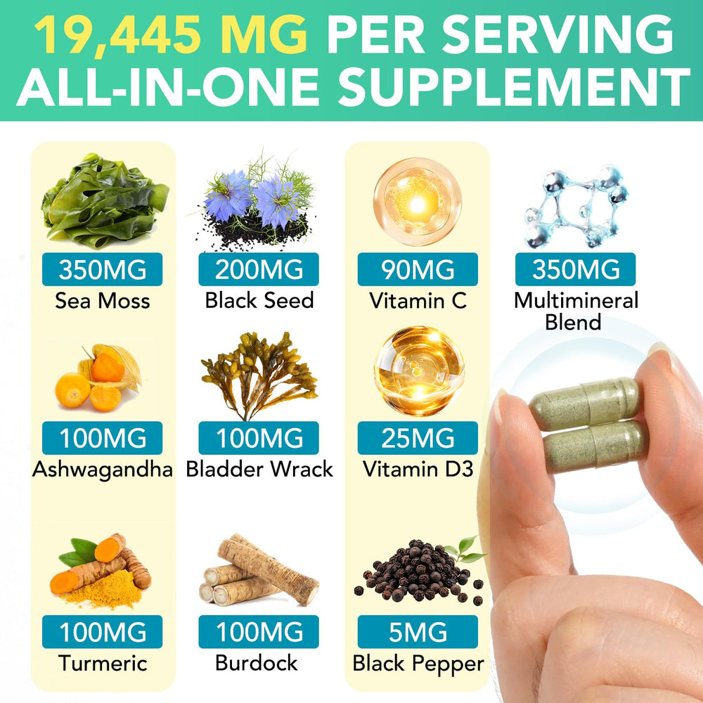 HUYEHF Sea Moss Black Seed Oil Capsule closeup highlights potent blend for vitality.