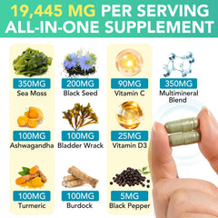 HUYEHF Sea Moss Black Seed Oil Capsule closeup highlights potent blend for vitality.