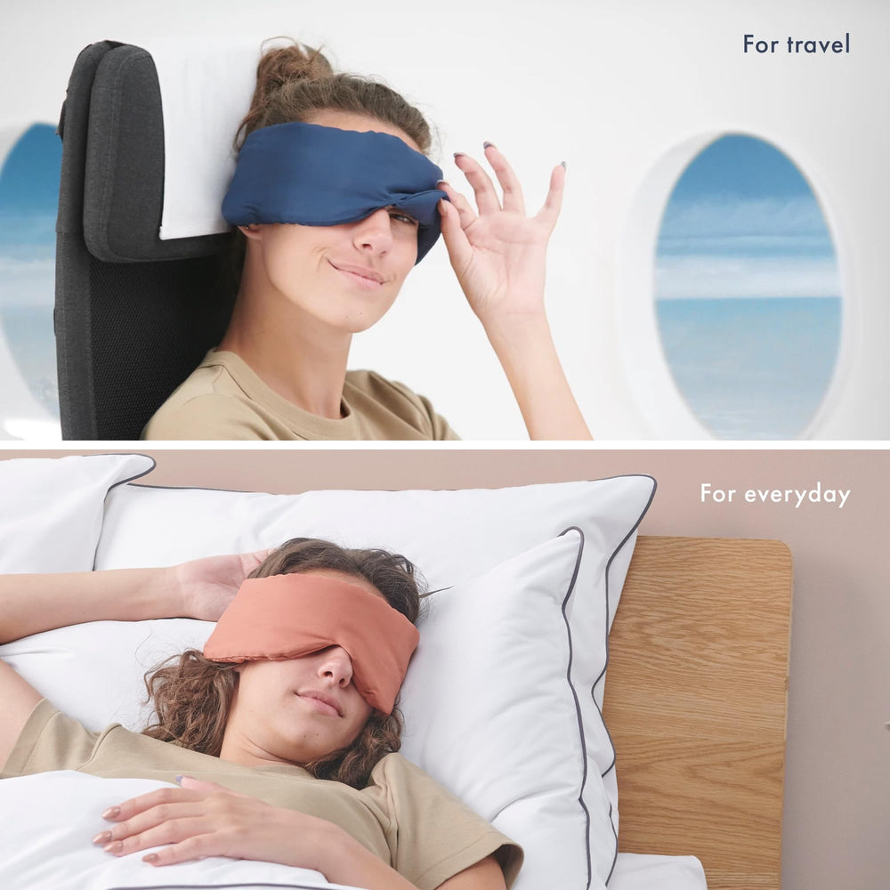 Huzi Infinity Travel Bamboo Sleep Mask in midnight grey fits comfortably anywhere.