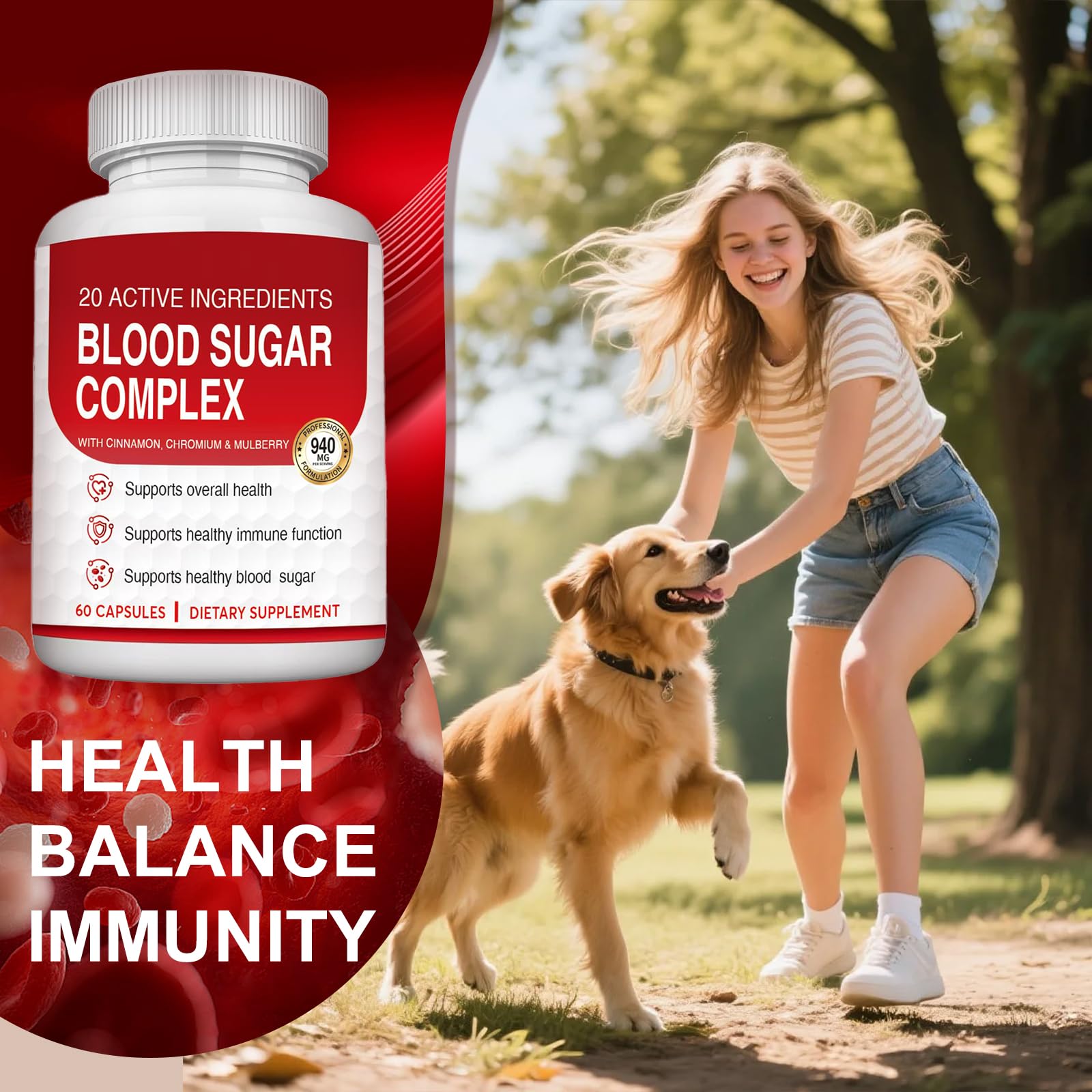 HWMS Blood Sugar Complex daily-use scene illustrating energy support for an active lifestyle.