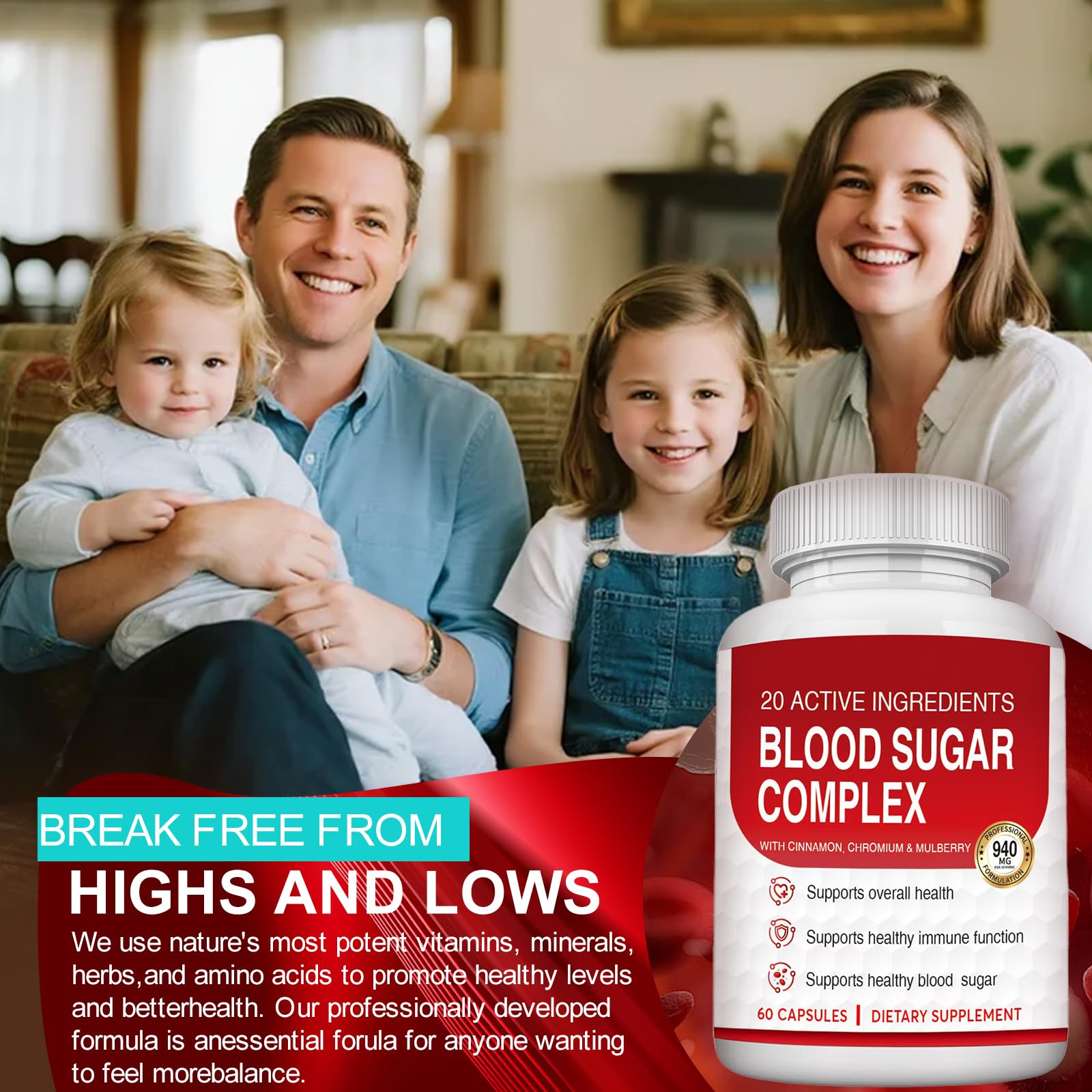 HWMS Blood Sugar Complex ingredients panel featuring bitter melon, mulberry leaf and cinnamon.