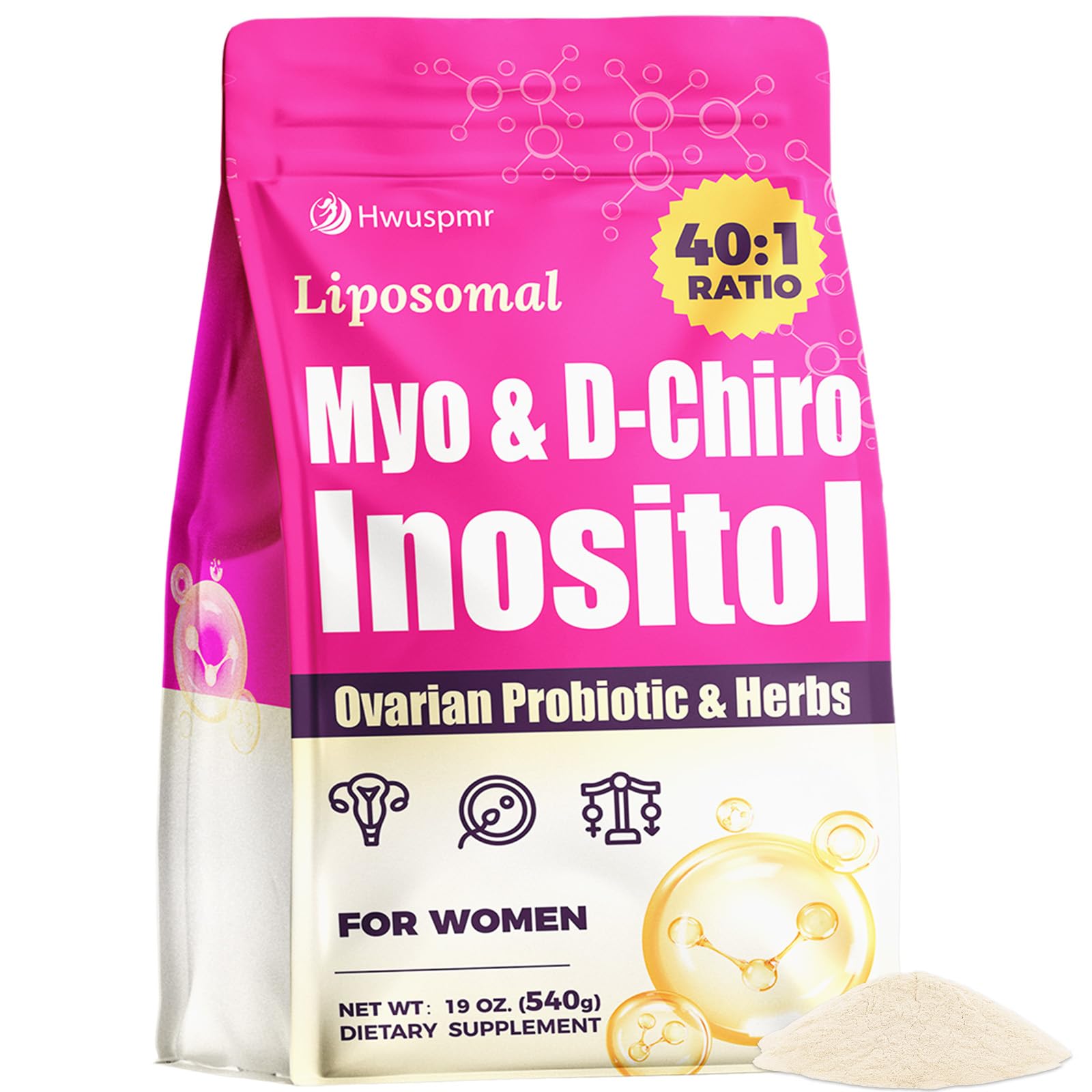 Hwuspmr liposomal inositol bottle pour for convenient daily use and ovarian support.