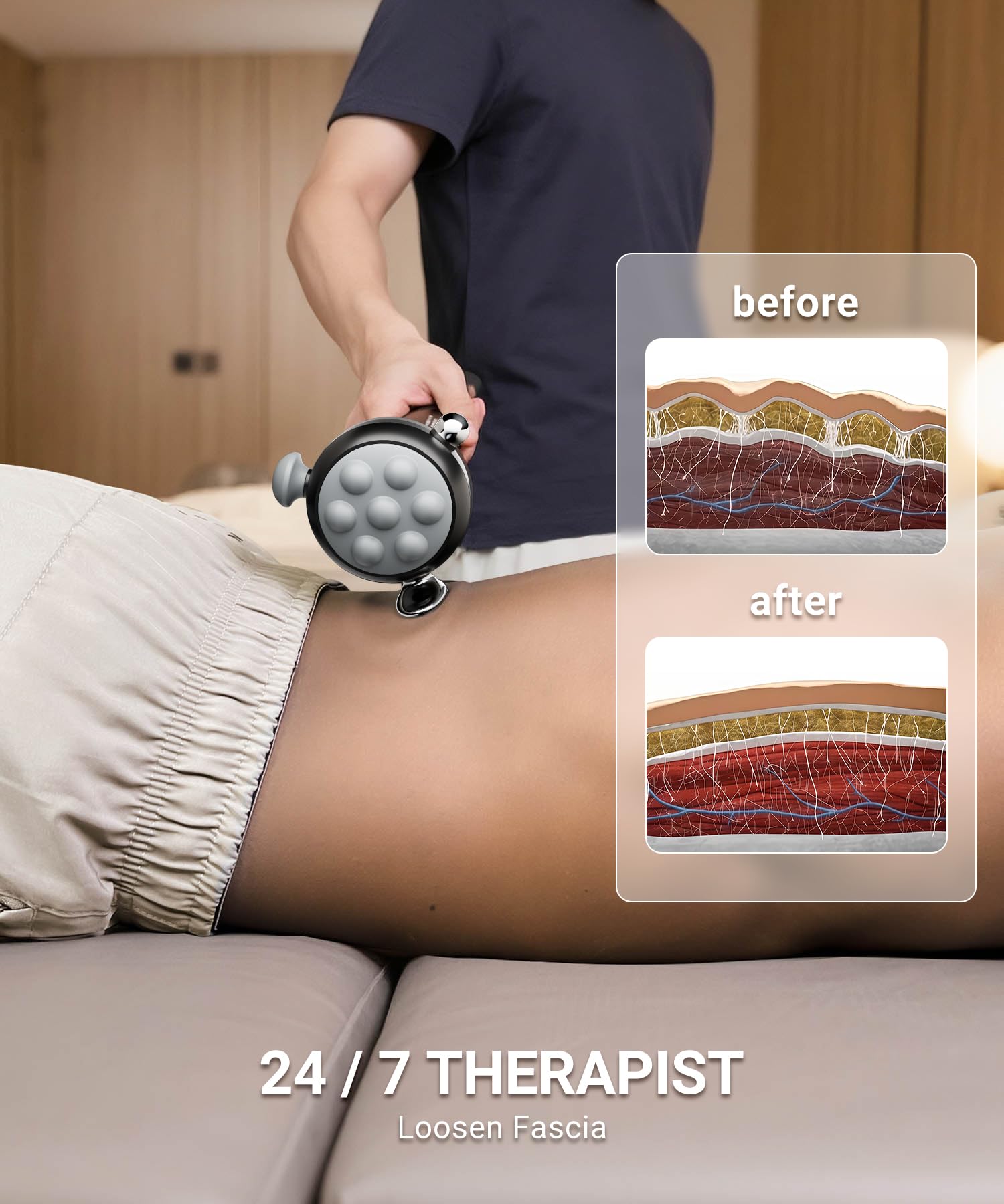HYAKO Pro Max massager with 5 heads targets knots in large muscle groups.