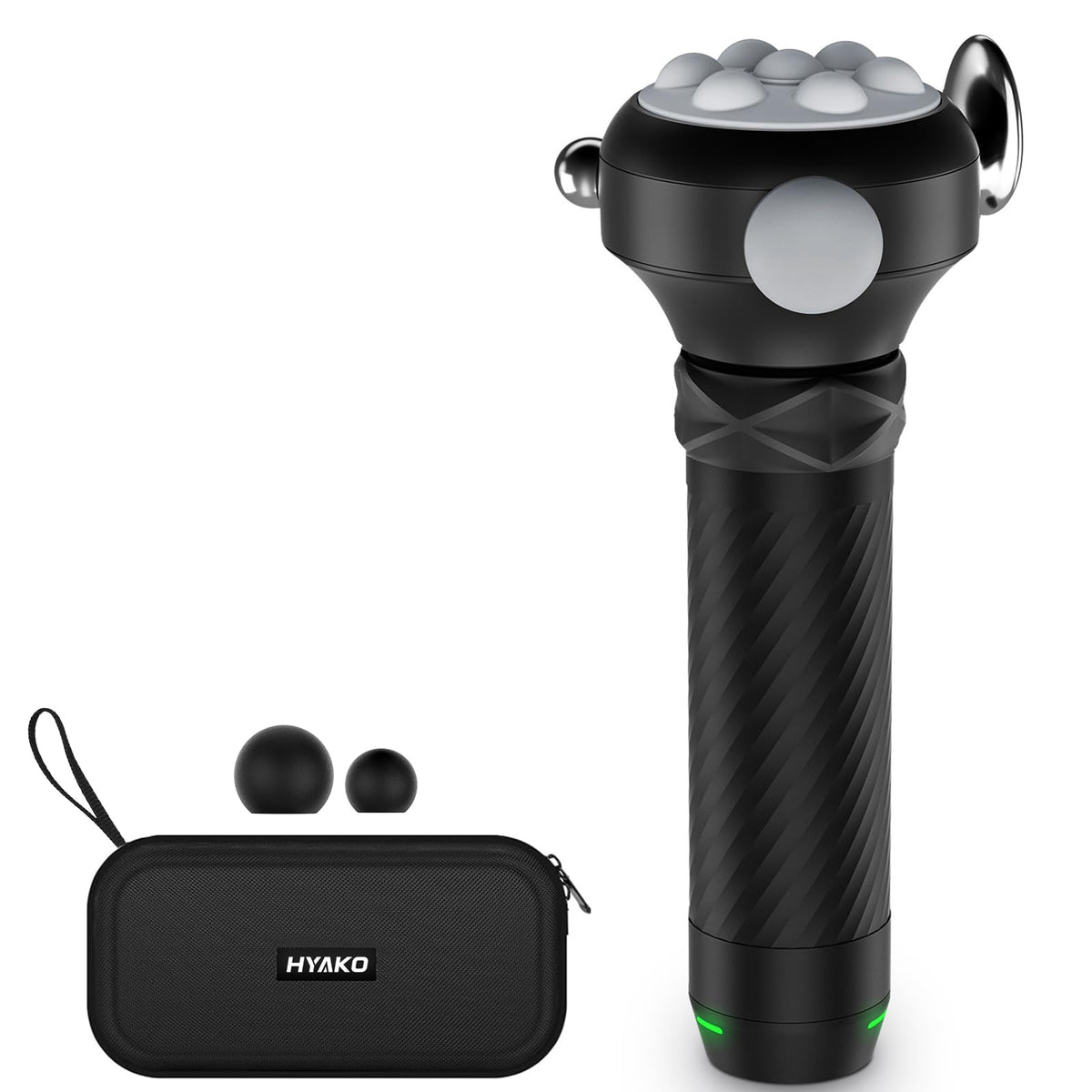 HYAKO Pro Max massager front view showing compact, portable design for on-the-go relief.