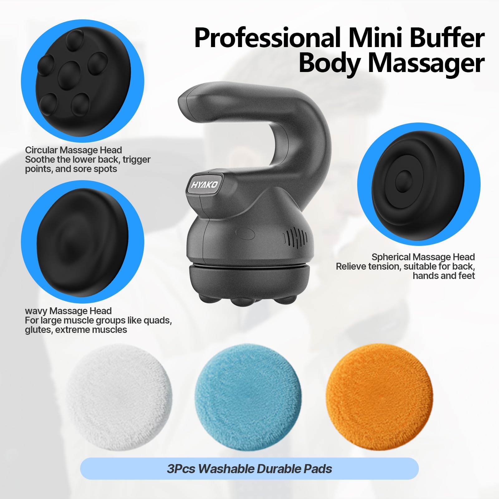 HYAKO massager ball-head attachment ready for broad-area deep tissue massage.