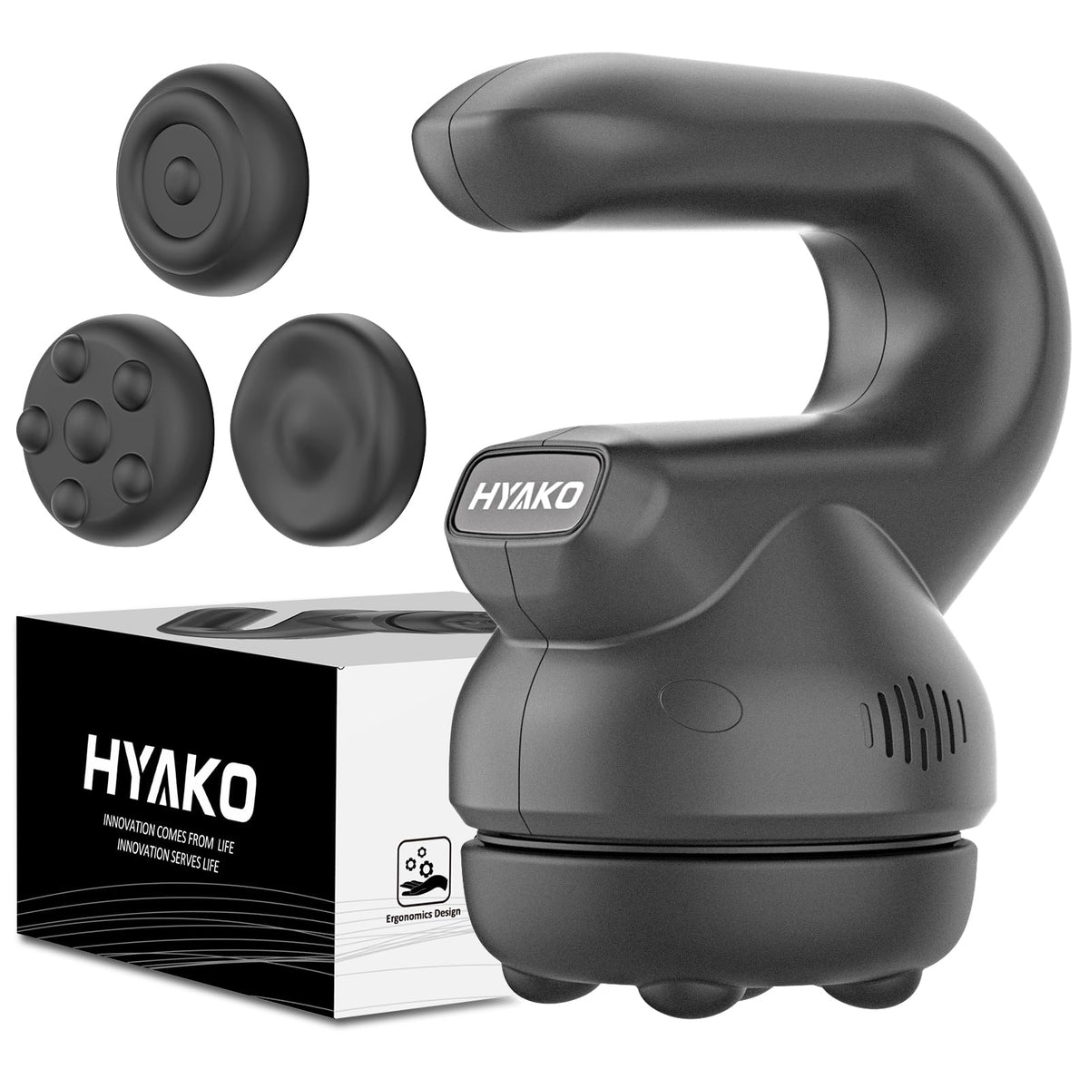 HYAKO relief mini massager in hand showing ergonomic handle for on-the-go relief.