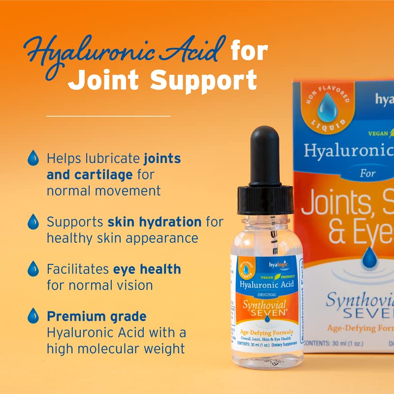 Hyalogic Synthovial Seven daily-use setup with glass and bottle for routine.