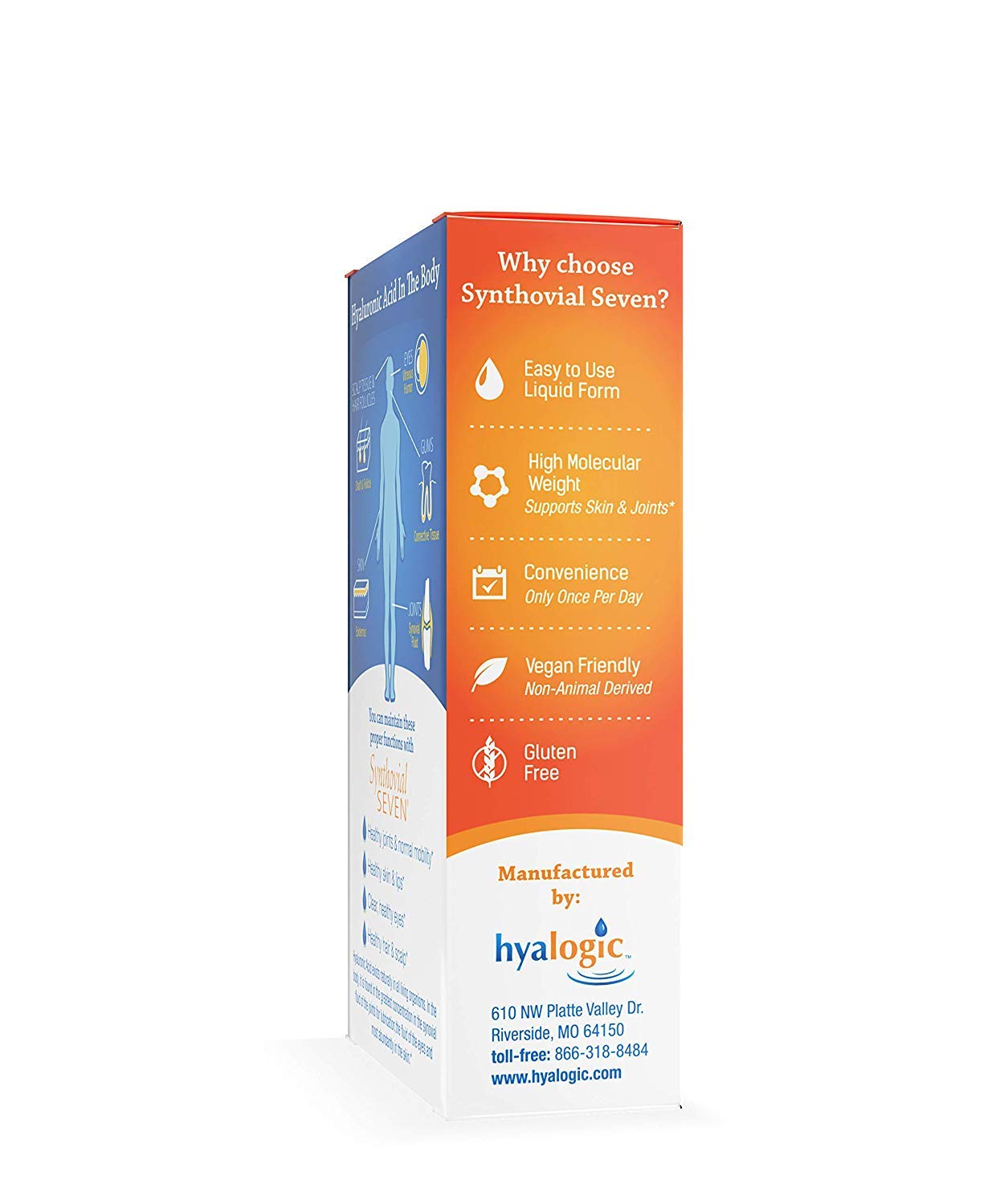 Glass with Hyalogic Synthovial Seven liquid indicating skin hydration use.